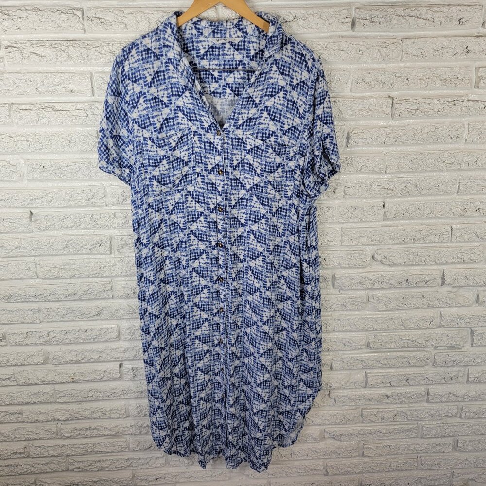 Sonoma Women's XL Blue Tie-Dye Shirt Dress Rayon Knee Length Button Up TIE39E